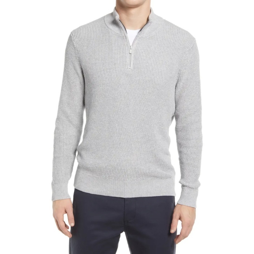 The Normal Brand Mens Waffle Knit Quarter Zip Mock Neck Pullover Grey Large‎